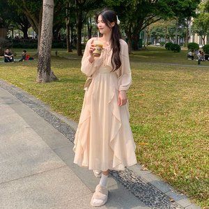 Halter dress for women autumn new French peplum gentle fairy skirt long sleeve c